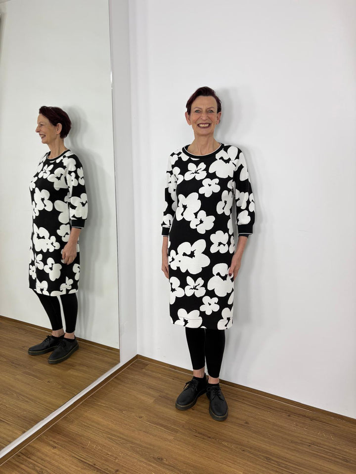 Kleid 3/4 Arm Schwarz - Weiß Blumenmuster - Vera Meyer