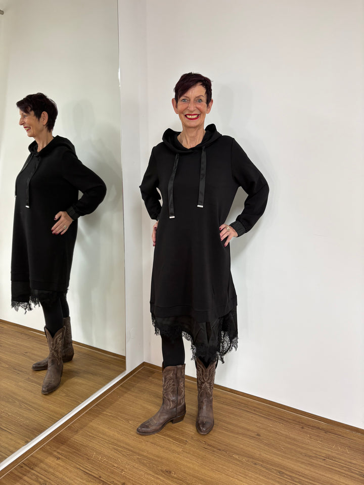 Kapuzen Kleid mit Spitze Schwarz - Vera Meyer